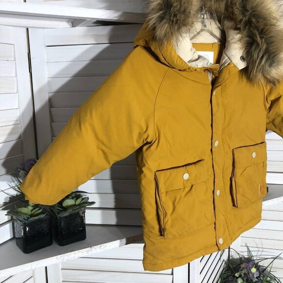 Zara Puffer Jacket Mustard Yellow Faux Fur Hood Size 4/5 - Picture 3 of 9